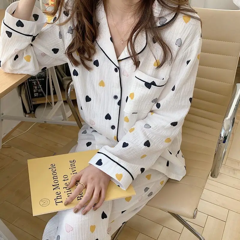 Spring New Sweet Kawaii Women's Pajamas Love Printing Cotton Sleepwear Thin Heart Colorful Homewear Soft Two Piece Set Nightwear