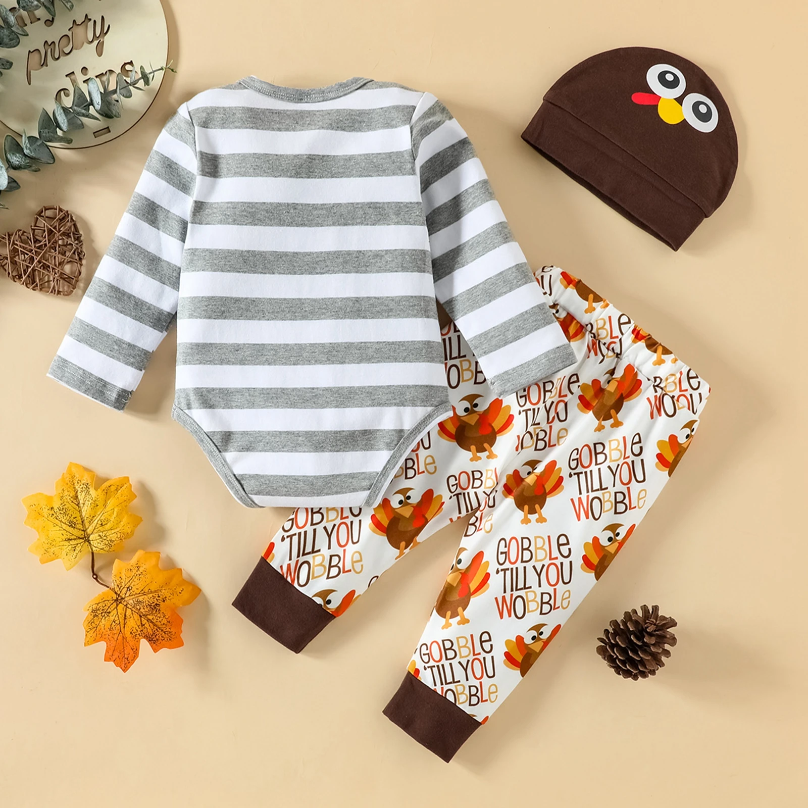 Citgeett Autumn Thanksgiving Day Infant Baby Boys Pants Set Long Sleeve Striped Romper + Turkey Letters Print Pants + Hat