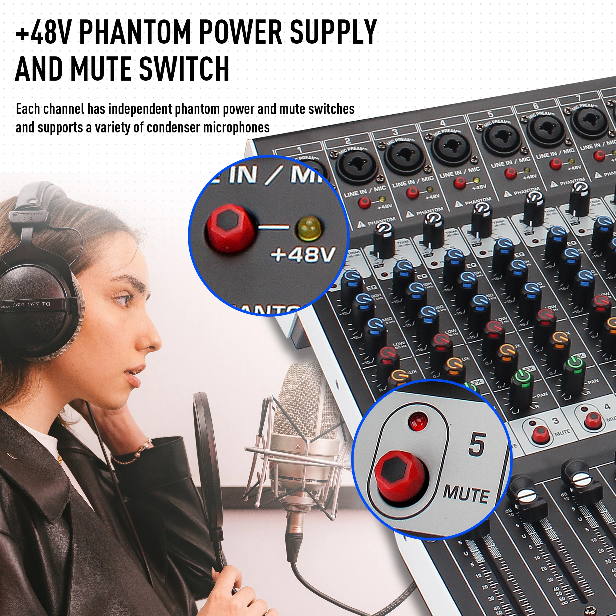 12채널 전문가용 오디오 믹싱 사운드 보드 콘솔, 99비트 DSP USB MP3 기능 탑재, PC 녹음용 XLR 마이크 잭