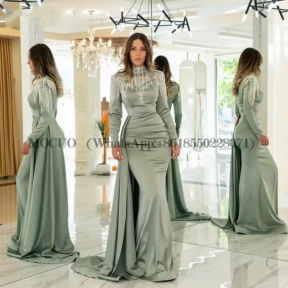 

Muslim Mermaid Saudi Arabia Prom Party Dresses With Skirt Long Sleeves Women Evening Dress High Neck Event Gowns