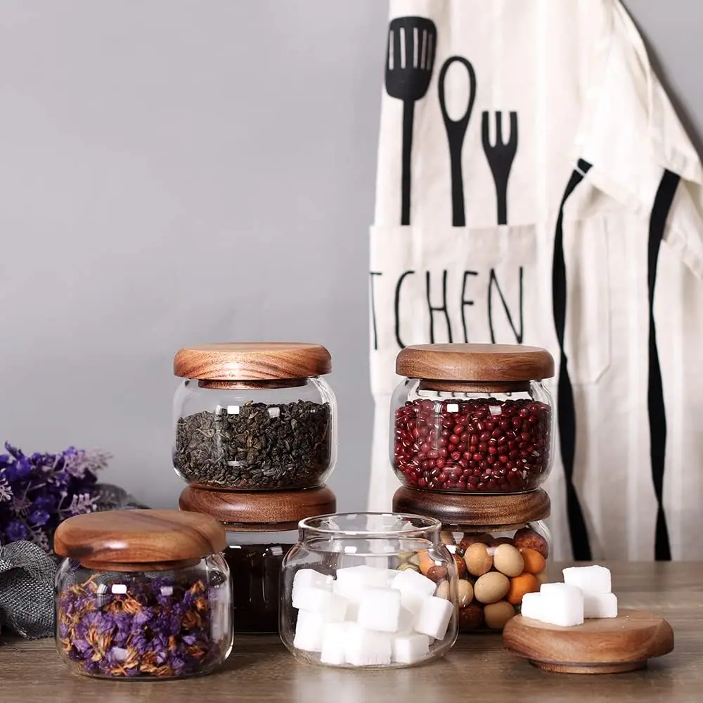 6pieces  Glass Jars Set,  Spice Jars with Bamboo Lids, Clear Glass Food Storage Containers, Kitchen Canisters Set 5