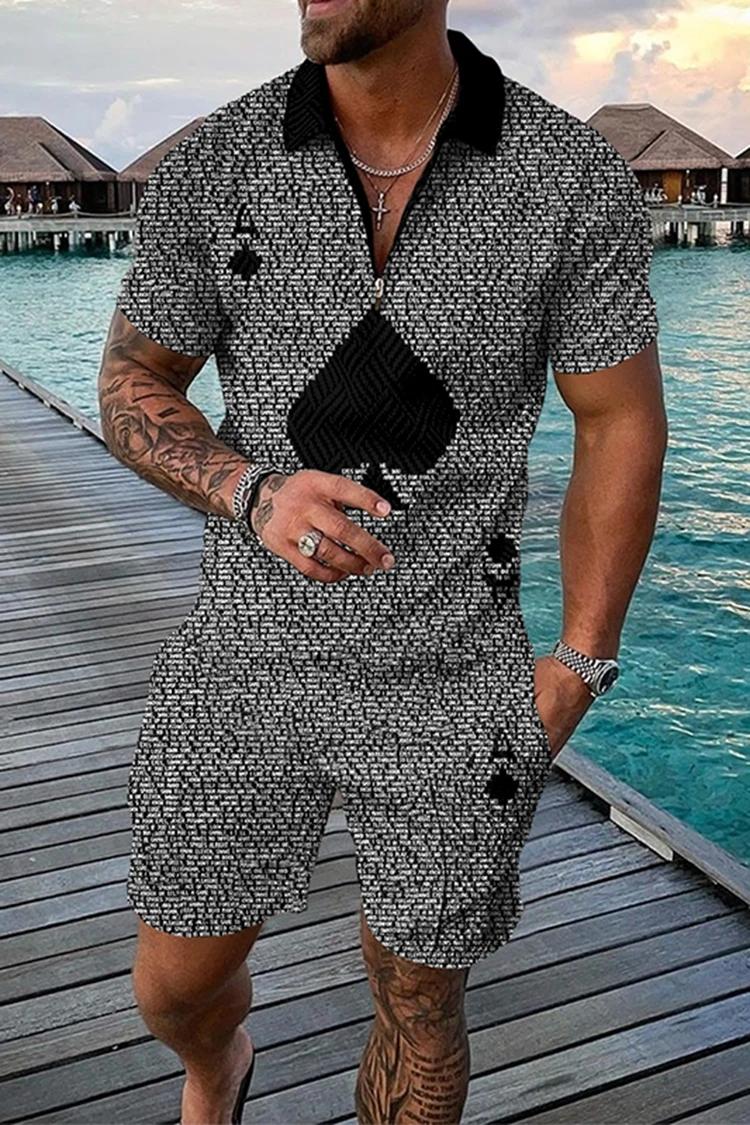 Summer Men's Tracksuit Short Sleeve Polo Shirt Set Fashion Luxury Chain Print Clothing 2 Pieces Casual Suit Streetwear Outfit