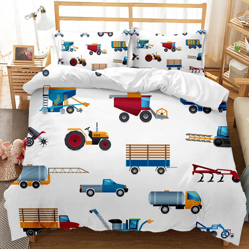 Boys Cartoon Car Bedding Set Full Construction Vehicles Comforter Cover for Kids Children Cartoon Machinery Truck Duvet Cover 