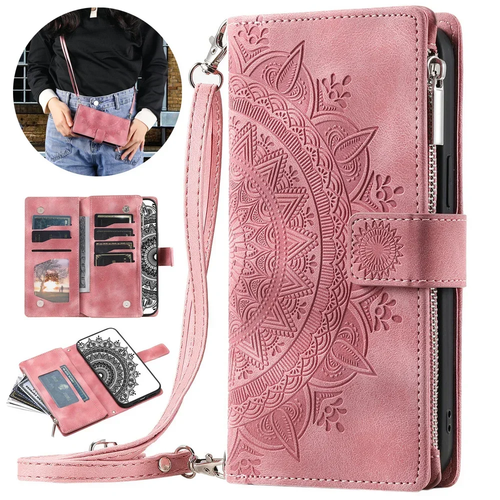 Luxury Zipper Crossbody Wallet Case with Flip Cover