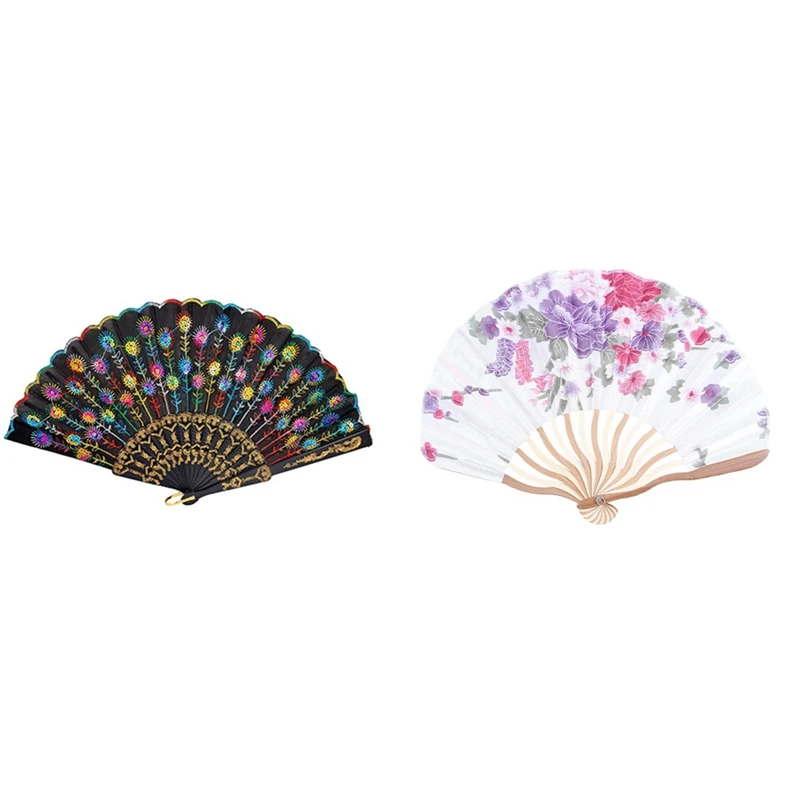 

Colored Embroidered Flower Pattern Black Cloth Folding Hand Fan For Woman & Bamboo Flower Printed Japanese Style