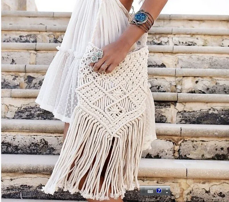 Fitshinling Bohemian Summer Fringe Crochet Bags For Women Holiday White Shoulder Bag Female Handmade Fashion Beach Handbags