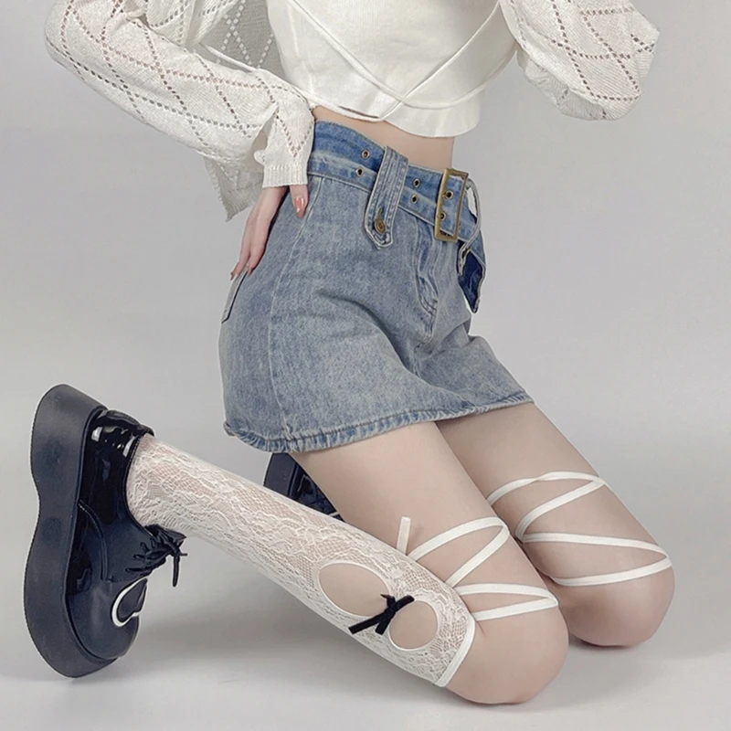 

Lovely Bowknot Socks for Girl Lolita-Lace Up Socks Summer Knee High Socks JK Calf Socks Ins Women FishnetPart-Toe Socks