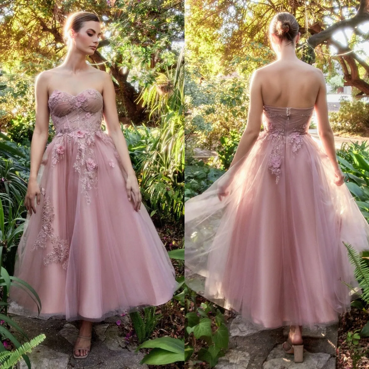 

Dust Pink Tulle Prom Dresses Ankle Length Lace Flowers Sweetheart Strapless Bridesmaid Dress A Line Party Vestido De Novia