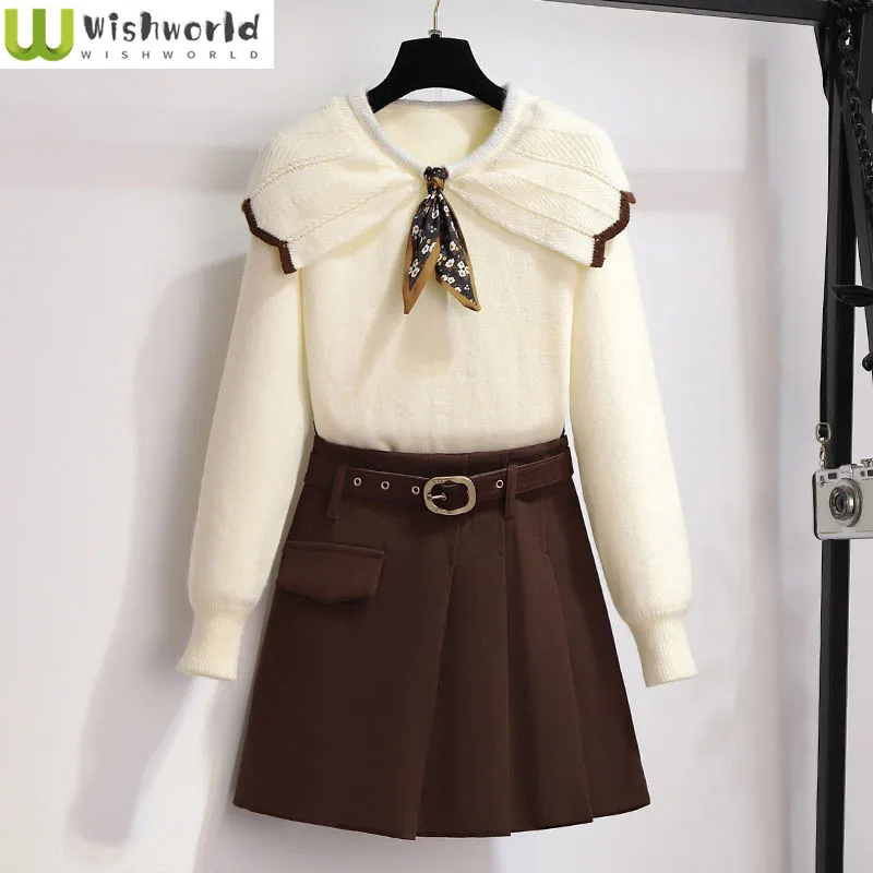 Autumn and Winter Fashion Suit Women 2022 New Korean Version Age Reducing Knitting Doll Neck Sweater Skirt Two-piece Set