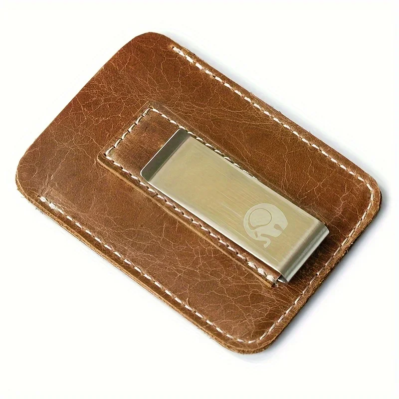 Mini carteira de couro genuíno para homens, grampo fino, braçadeira de metal, pequeno suporte de carteira, slot para cartão de crédito, slim
