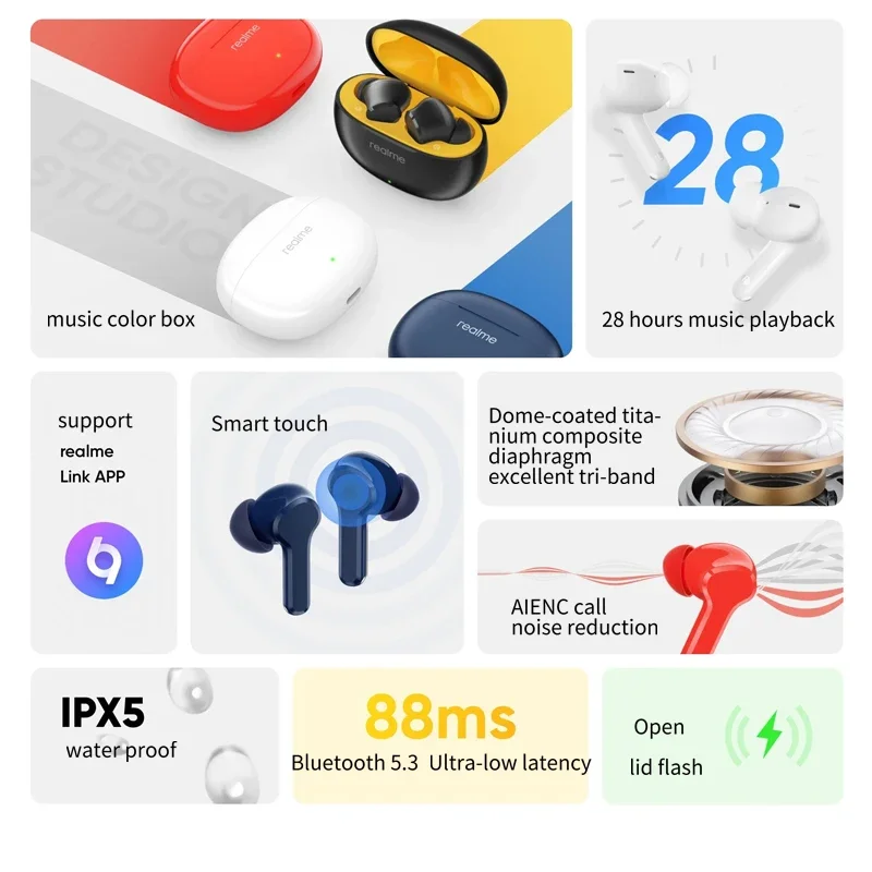 Realme Buds T100 TWS 이어폰, 블루투스 AI 노이즈 캔슬링 무선 헤드폰, HiFI 음질, 28 시간 배터리 헤드셋