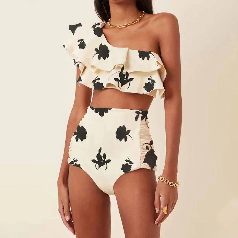 2023 New Printed Swimwear Sloping Shoulder Ruffled Bikini Women's High Waist Hot Style Swimsuit Beachwear Bathing Suits