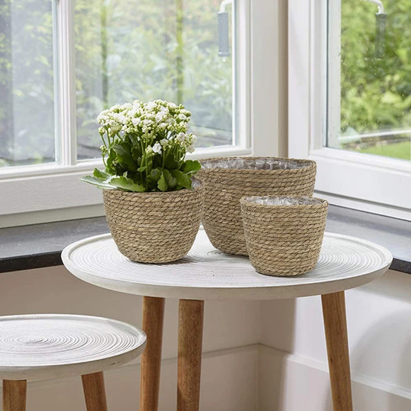 Seagrass Basket Planters Rattan Flower Basket Indoor Outdoor Plant Containers For Modern Home Balcony Garden Kitchen Decor - 3