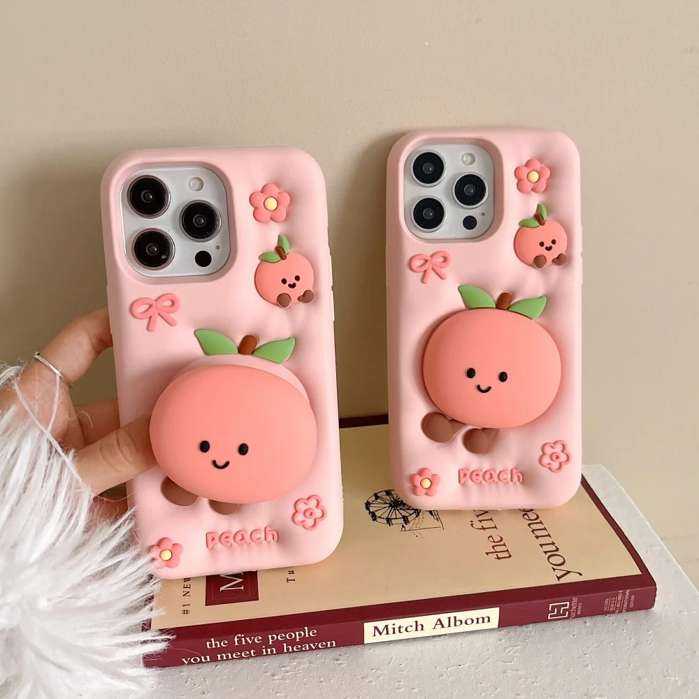 13 Pro Max Peach Iphone Cute Cartoon Pink Peach Stand Phone Case