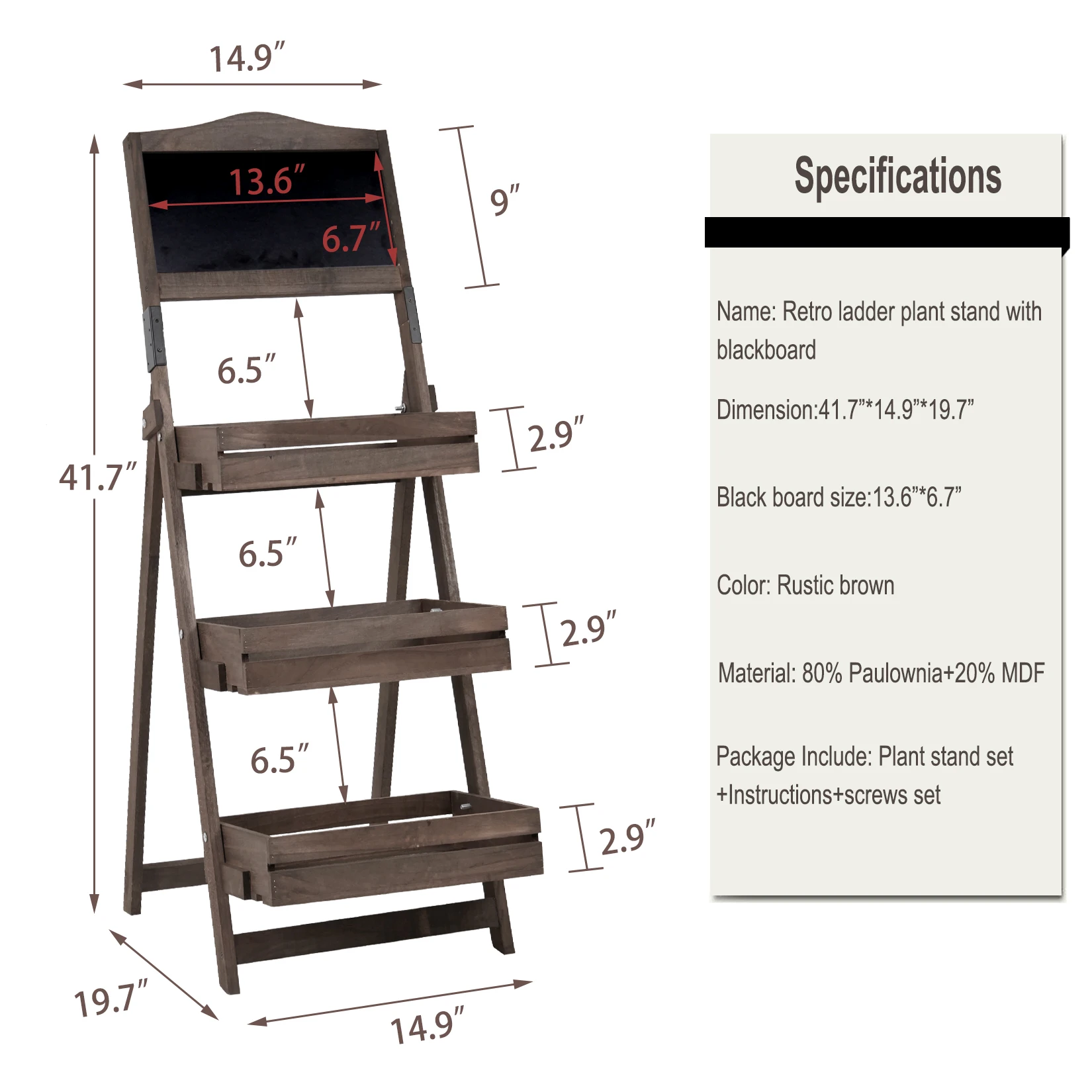 Free Standing Pavement Chalkboard Display Blackboard with 3-tier Plant Shelves Flower Rack for Outdoor Garden Advertisements