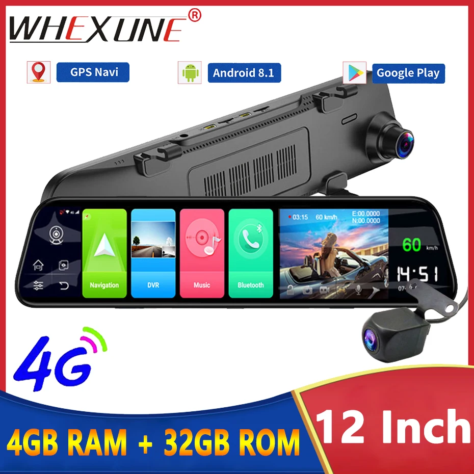 12" 4G Dash Cam Video Recorder Android 8.1 Auto Rearview Mirror GPS Navigation Dual Lens Car DVR