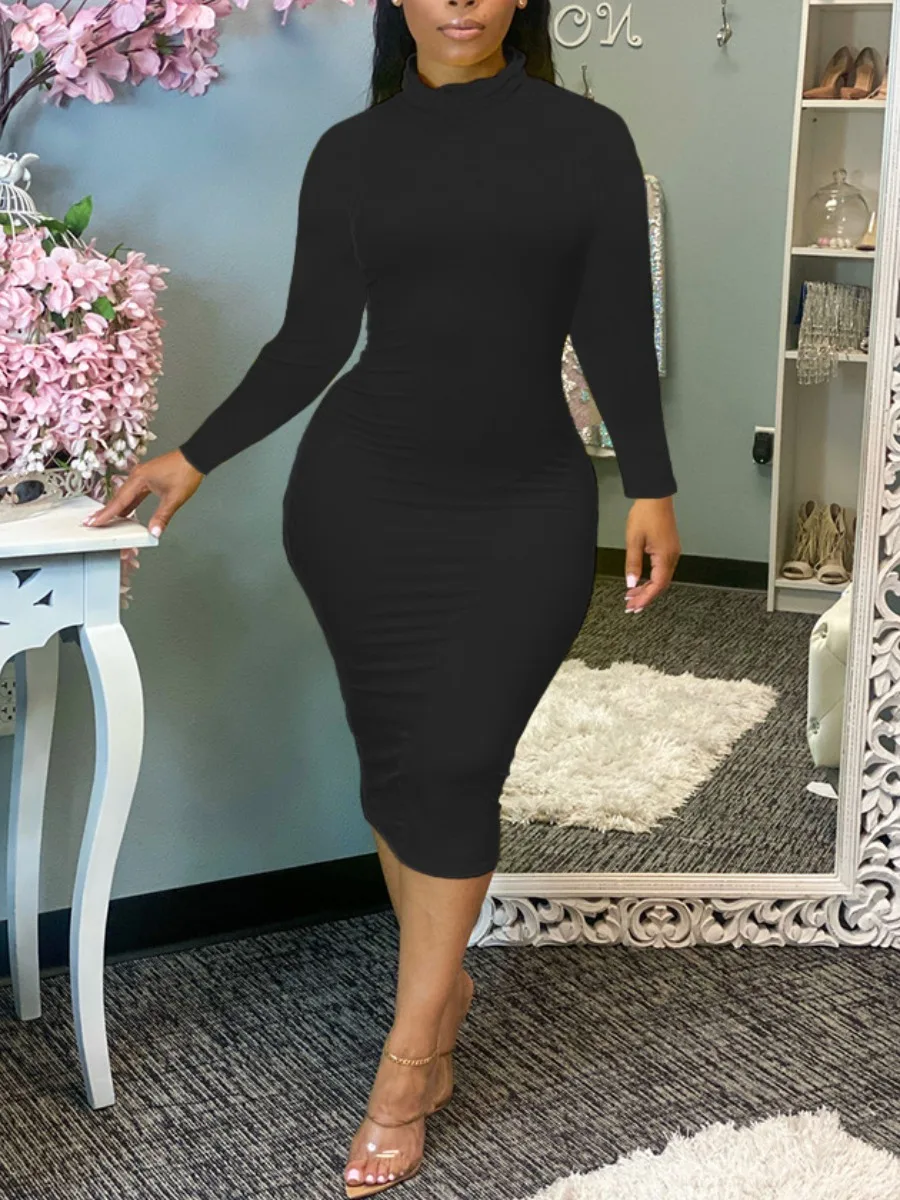 

LW Turtleneck Bodycon Dress Plain Black Long Sleeve Sheath Midi Dresses BASICS Women's Solid Color Vestidos