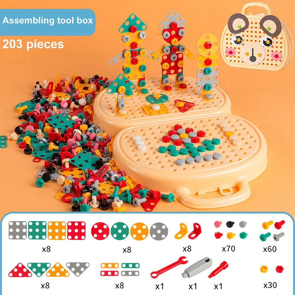 203Piece Electric Drill Puzzle Toy Creative Mosaic Puzzle Toy Trendy Bits Screw STEM Drill Engineering Building Kit for Kids