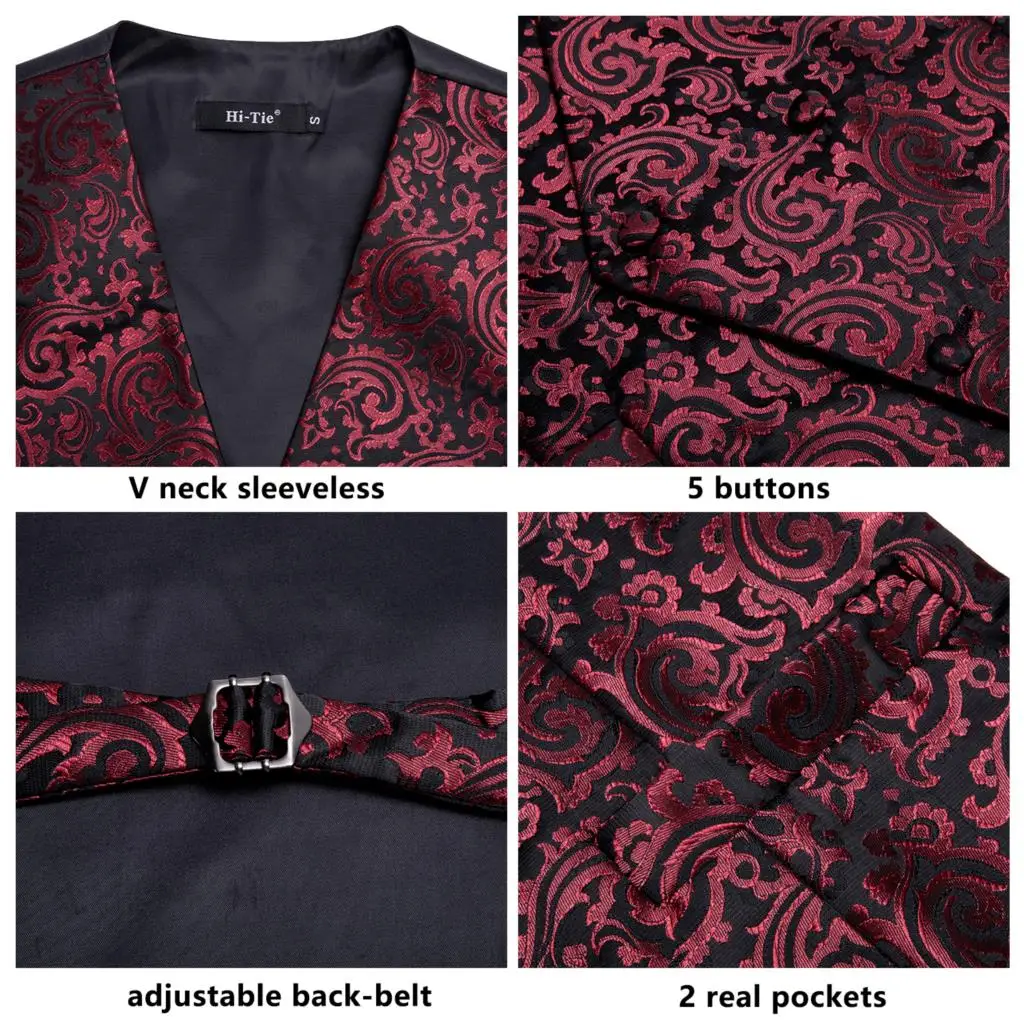 Hi-Tie Red Burgundy Silk Mens Dress Vest Tie Hanky Cufflinks Set Sleeveless Jacqurad Floral Waistcoat Jacket for Male Clothing 6
