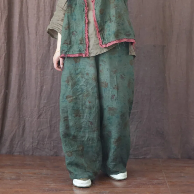 

Women Vintage Pants Floral Printed 2022 Summer Elastic Waist Original Retro Irregular Loose Thin Ramie Large Size Women Capris