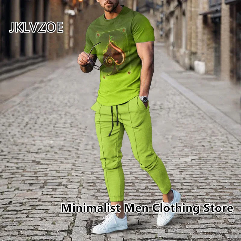 2023 Summer Men's 2 Piece Sets Oversized T Shirts Street Outfits Fashion Men Trousers Tracksuit Poker Print Trend Male Clothing