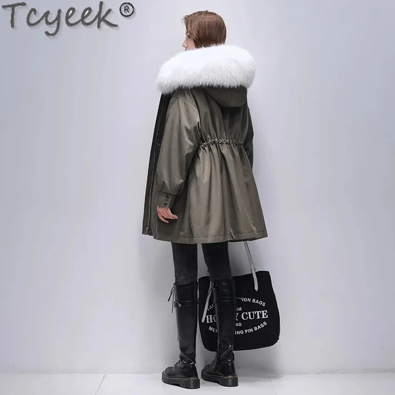 

Winter Tcyeek Womens Parka 23 Fashion Rex Rabbit Liner Detachable Coat Mid-long Jacket for Women Clothes Fox Fur Collar