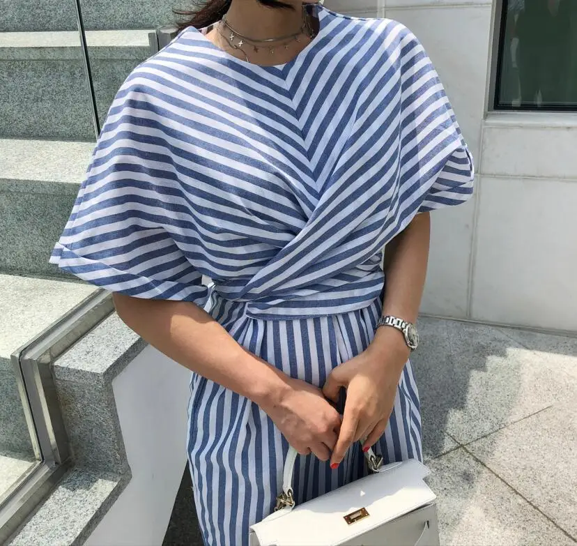 

cross Strap fold O-Neck Striped Oversized Slim Bodycon Female Pockets Midi Cotton Split Dress