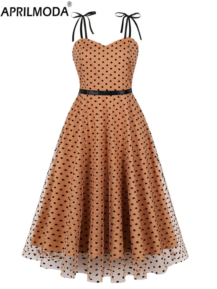 

Summer Sexy Spaghetti Straps Vintage Women's Dress Polka Dot Print Patchwork 50s Sundress Swing Tunic Midi Runway Party Dresses