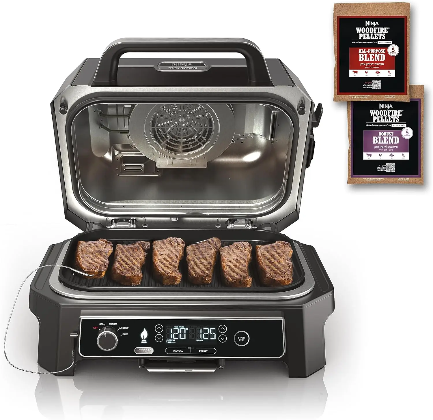 

Уличный гриль и коптильня OG850 Woodfire Pro XL со встроенным термометром, мастер-гриль 4 в 1, коптильня для барбекю, уличная воздушная фритюрница