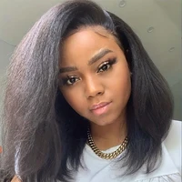 Perruque Courte Bob Lisse Kinky Péruvienne Sans Colle Cheveux Humains 13x4 Yaki Lisse Lace Front Pré-Pluckée avec Fermeture 250% 1