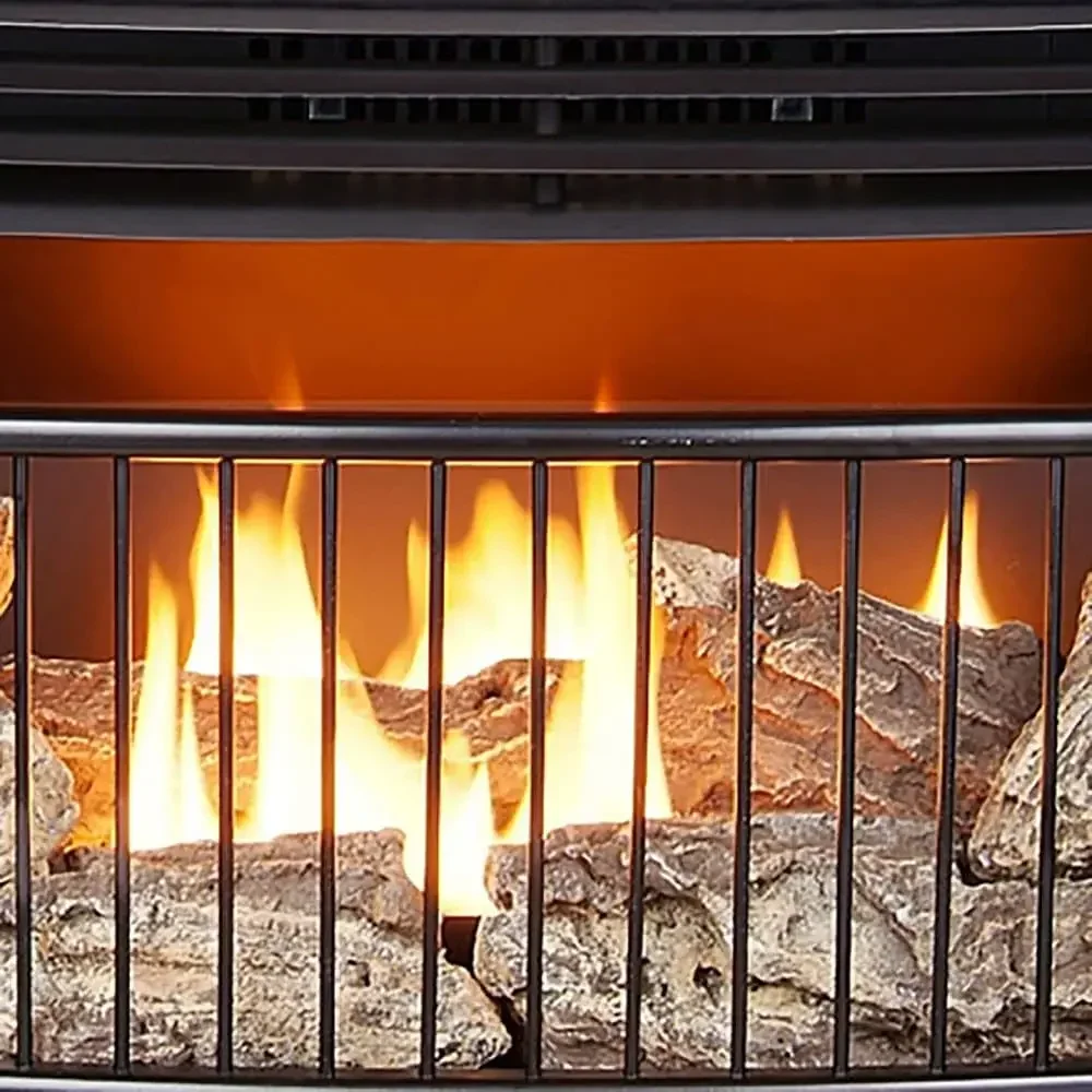 Ventless 25000 BTU Space Saving Free Standing Dual Fuel Fireplace with Built In Thermostat Control Heats up to 1100 Square Feet