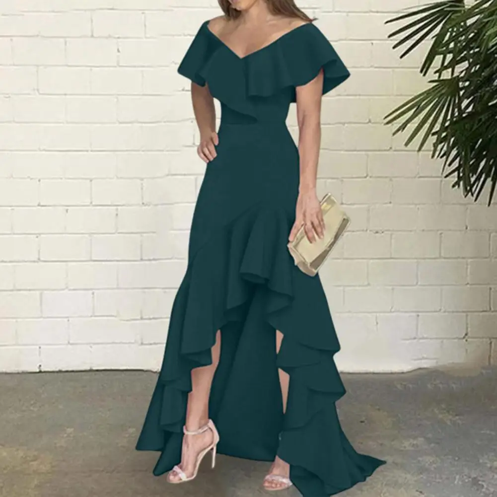 

Women Evening Dress Ruffle Patchwork V Neck Slim Fit Irregular Hem Sleeveless Floor Length Pure Color Ball Gown Party Banquet Ma