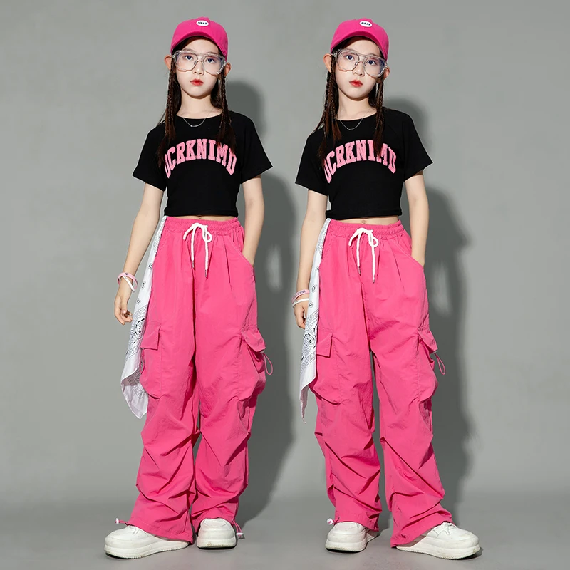 

2023 Girls Jazz Dance Clothing Hip Hop Performance Suit Short Sleeves Crop Tops Pink Cargo Pants Kids Stage Show Wear BL10937