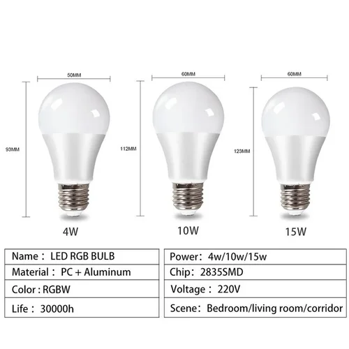 E27 LED RGB 램프 스포트라이트 전구, AC 85-265V 봄빌라 LED, 4W, 10W, 15W, IR 리모컨 전구, 스마트 LED RGBW 홈 데코 6
