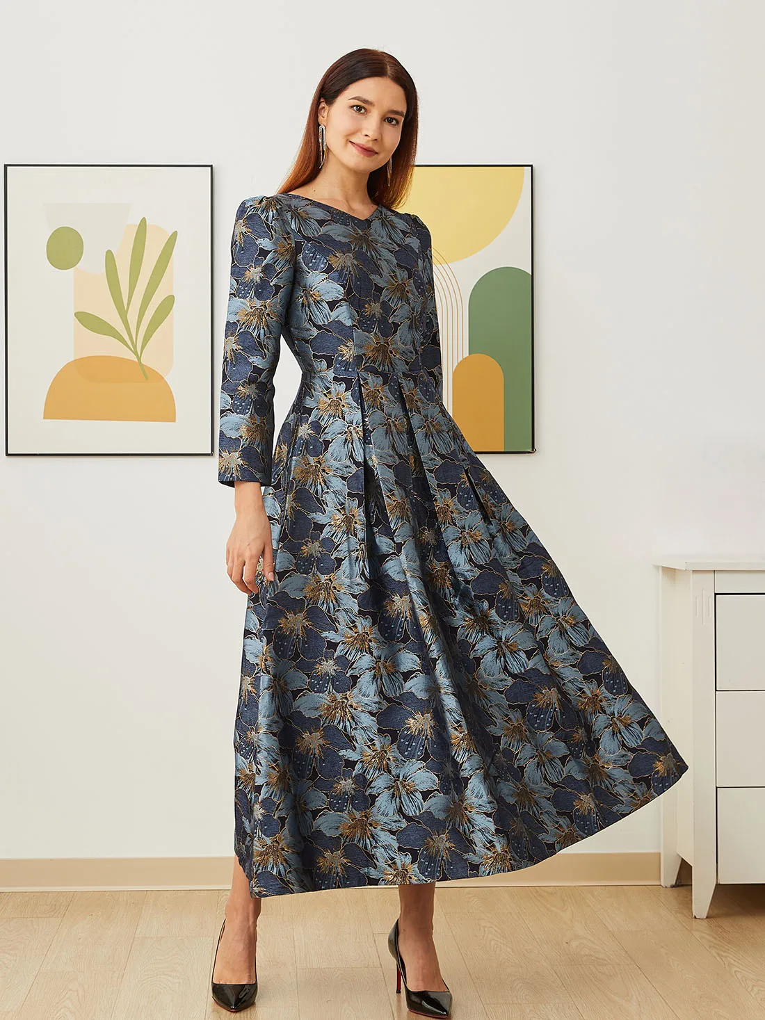 Femmes élégantes longue Maxi robe de soirée florale Jacquard automne col en V dame automne hiver fête mode robes formelles