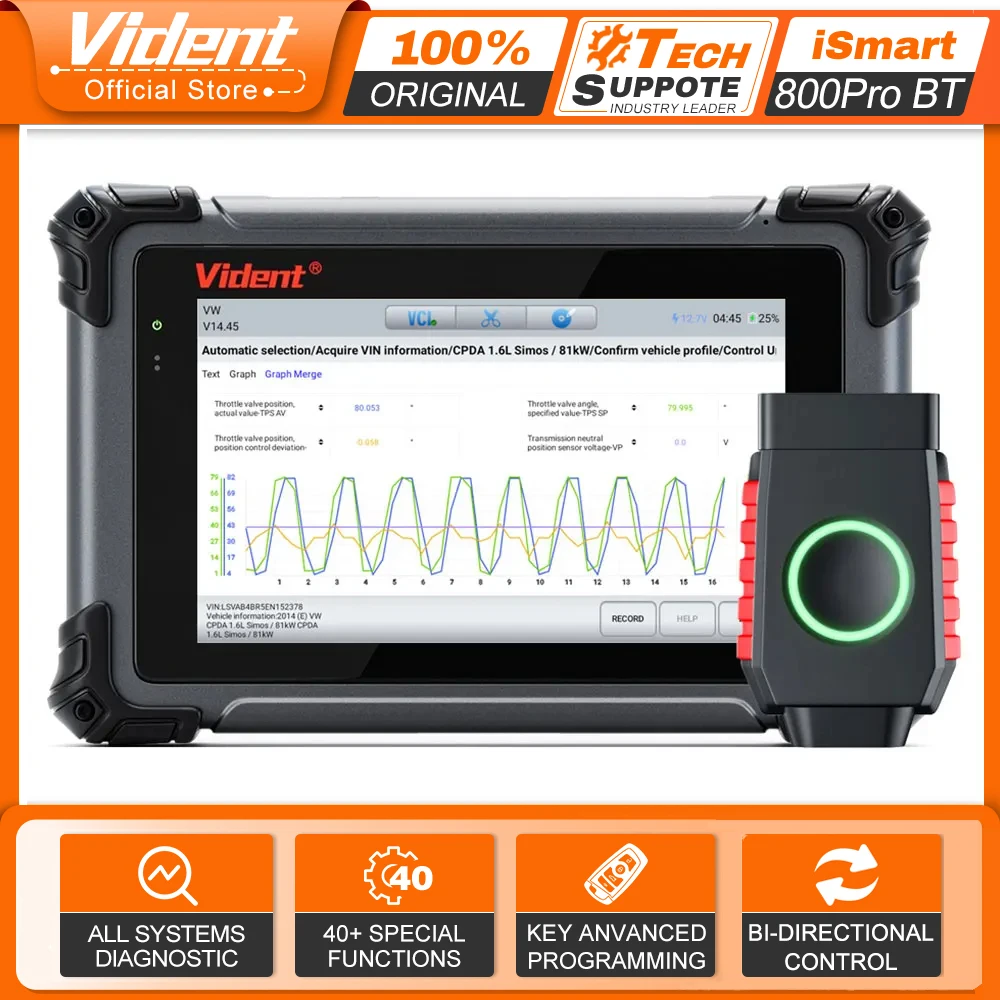 Car Scanner VIDENT iSmart800Pro BT Diagnostic Bi-directional Scan Tool ECU Coding Topology Map Key Programmer 40 Resets OBD2