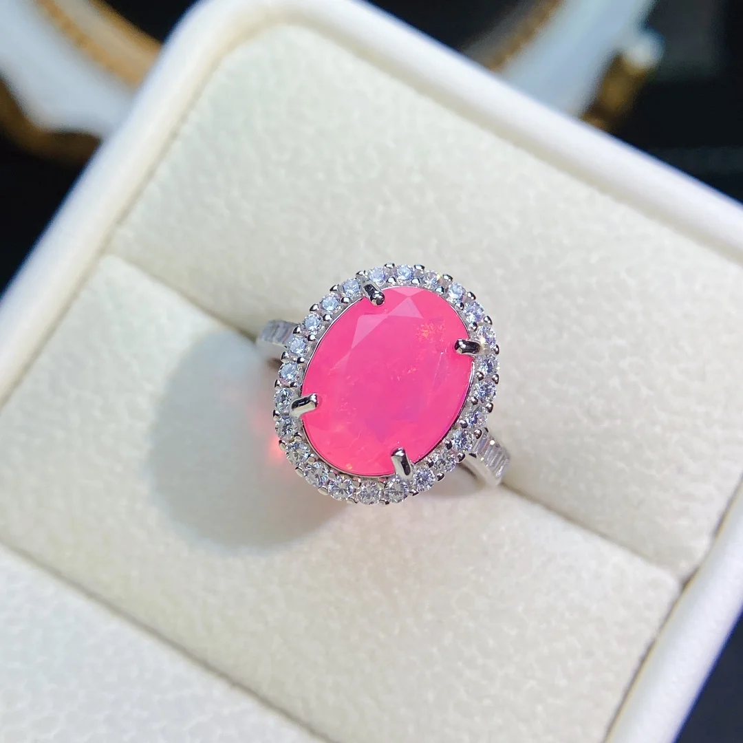 Oval Pink Opal Engagement Promise Ring Sterling Silver 925 Natural Opal Halo CZ Wedding Ring For Women Fine Jewelry