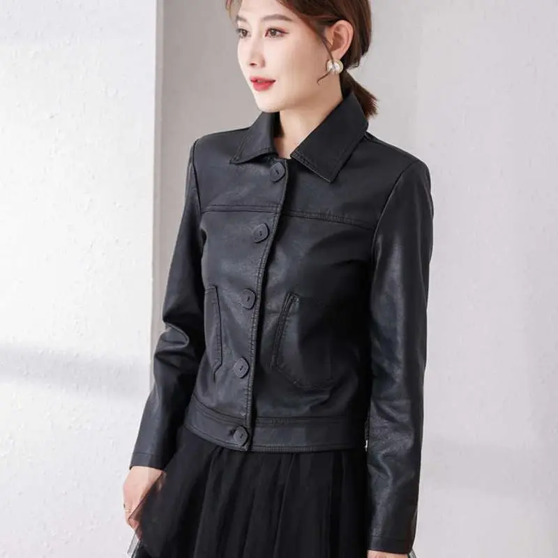 Short Leather Jacket Women 2023 New Autumn Top Leather Jacket Pockets Chic Vintage New Outerwears Jaqueta De Couro Feminina