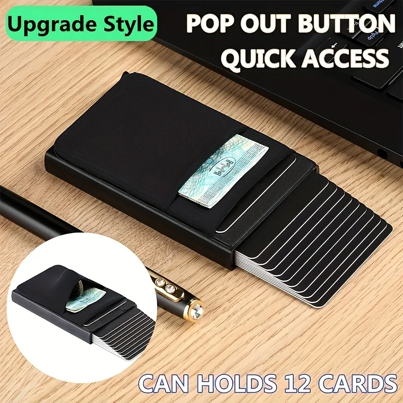 Slim Aluminum RFID Wallet with Elastic Back Pouch and Automatic Card Pop-Up Mechanism