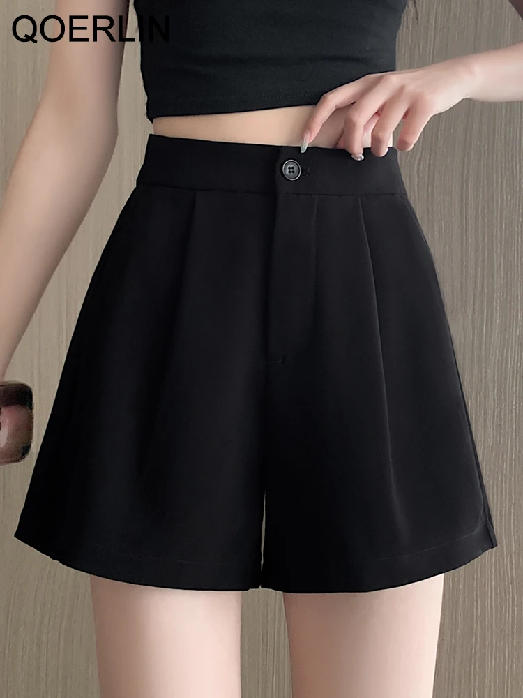 

QOERLIN Black Shorts Elastic Waist Wide Leg A-Line Summer Shorts 2023 New Y2K Loose Casual Thin Short Pants Ziper Pocket Shorts