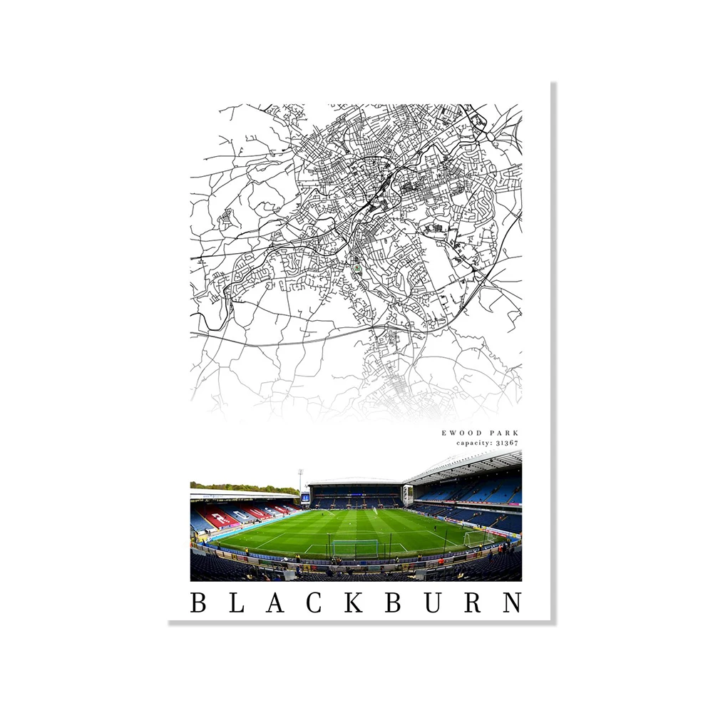 UK Football Stadium City Map Canvas Wall Art - Black and White Soccer Fan Home Decor (Unframed)