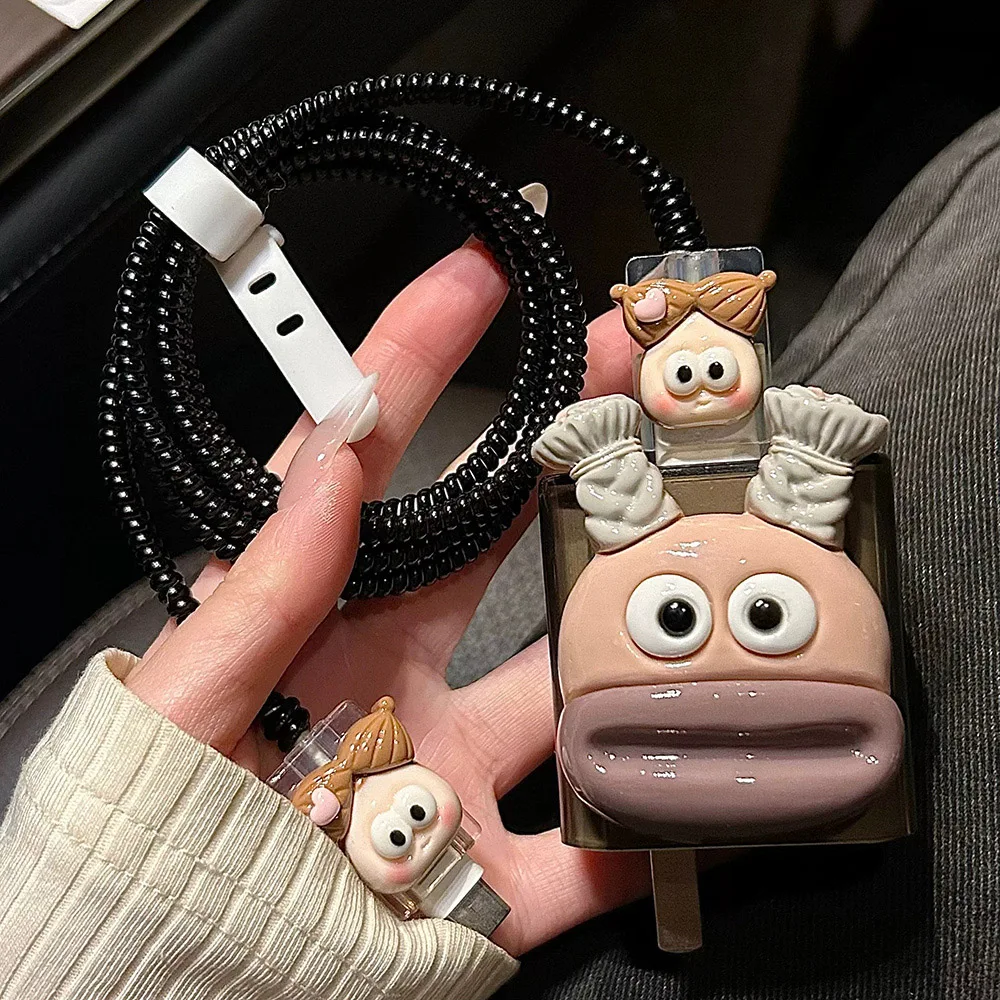 Funny Girl Charger Cable Protector US 18W 20W For iPhone 16 11 15 12 14 Pro Max 16 Plus Charger Head Cable Cord Winder Protect