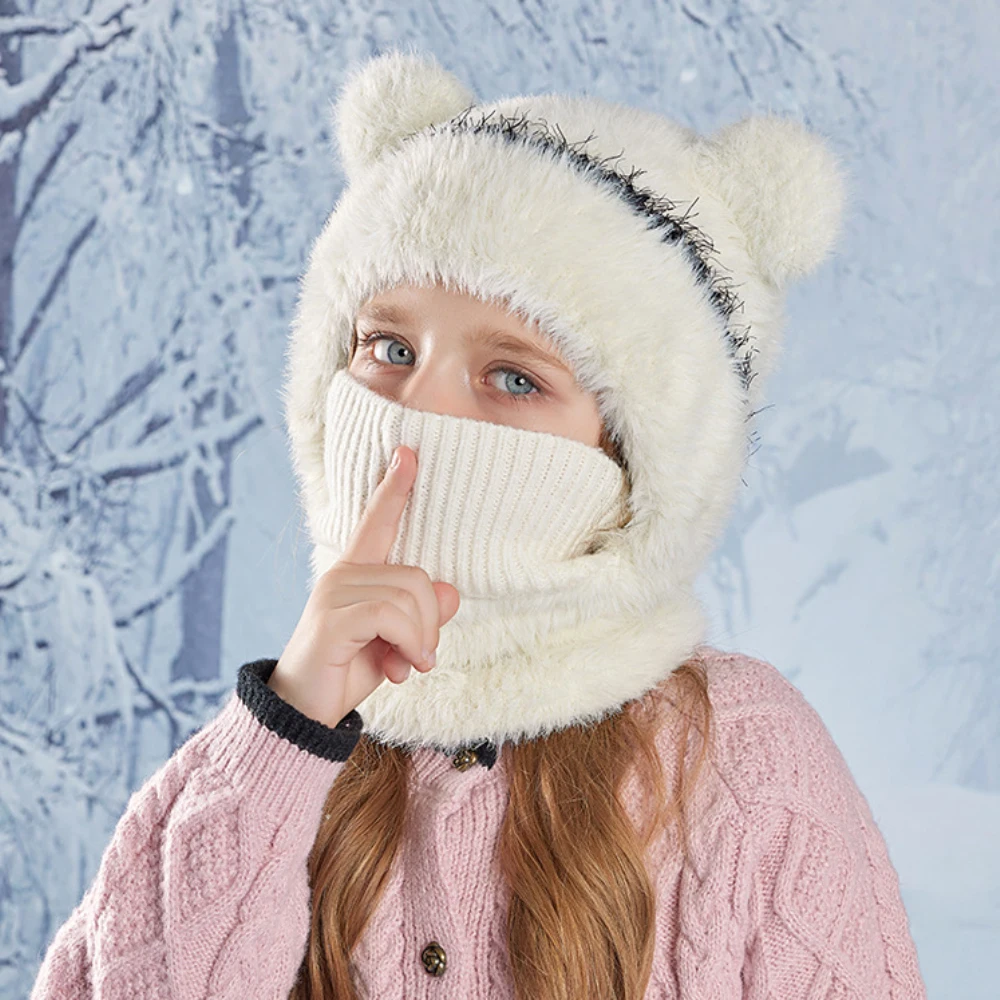 HT4527 Cute Ears Winter Hat Scarf Mask for Kids Soft Fleece Snow Ski Earflap Cap Child Hat with Scarf Mask Boys Girls Winter Set
