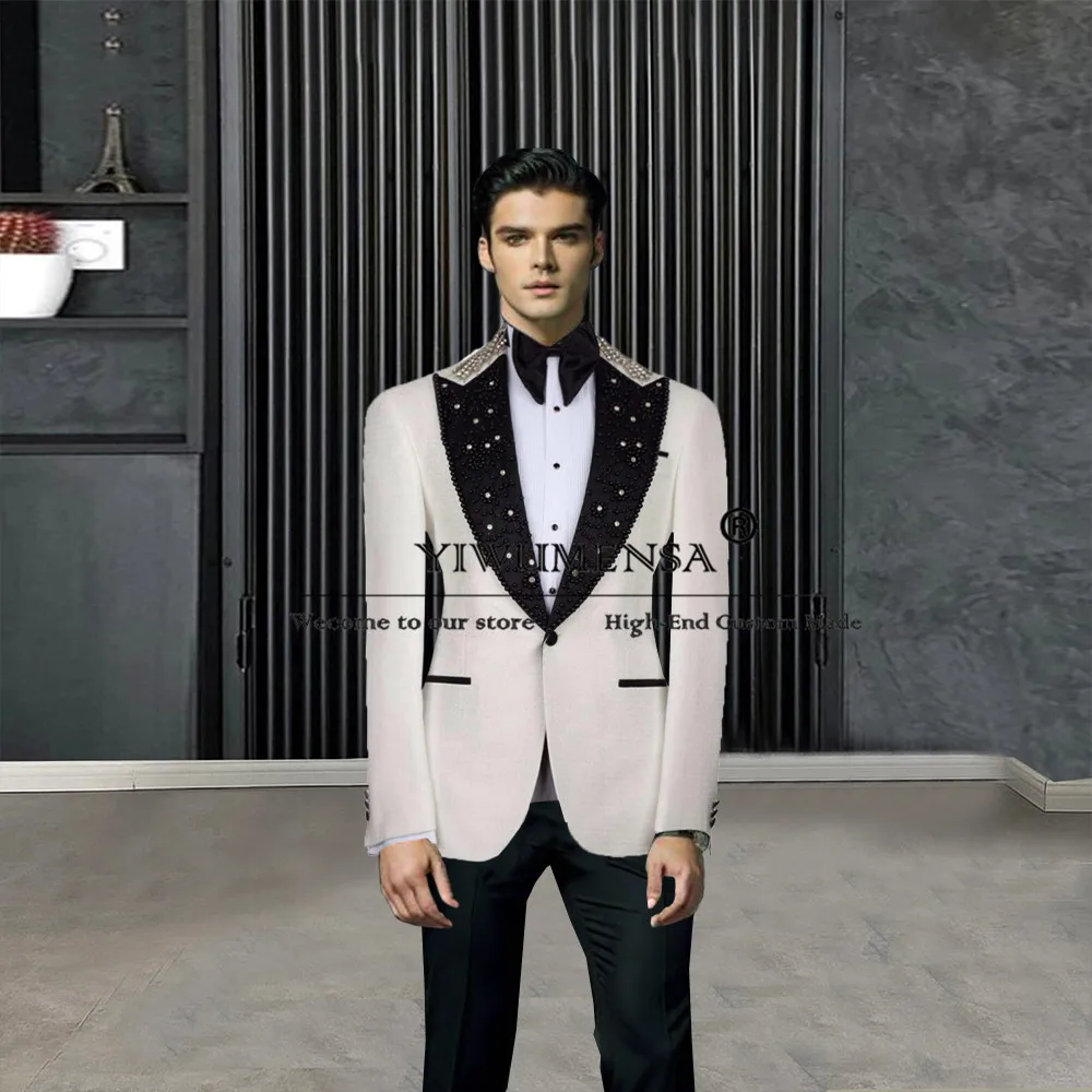 

Elegant Black Pearls Suits Men For Wedding Peaked Lapel Sliver Beads Jacket Pants 2 Piece Groom Tuxedo Tailored Terno Masculinos