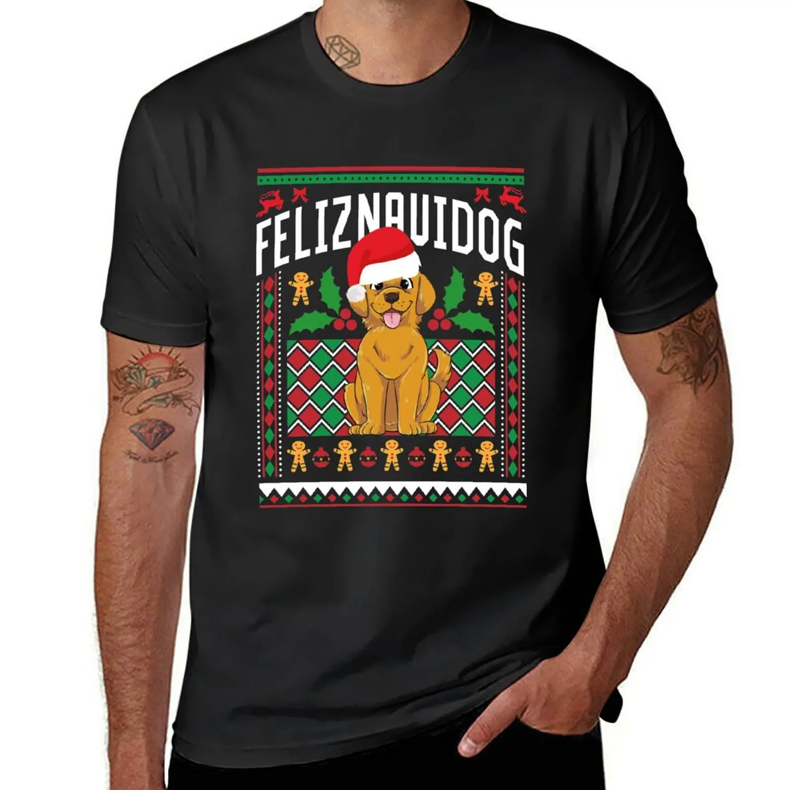 

Gift For Dog Lover Feliz Navidog Golden Retriever Christmas T-shirt sweat plain t shirt men
