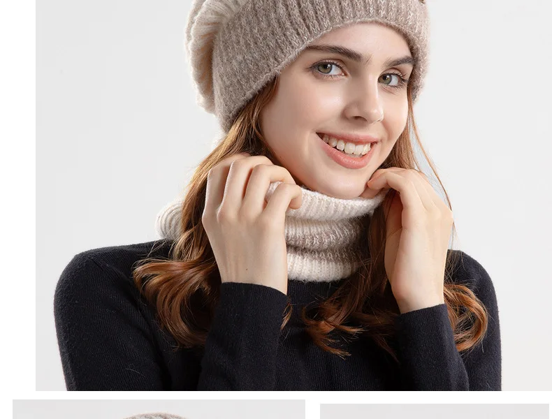 Winter Beanies Snood Sets Two Color Knitted Hat Female Casual Outdoor Balaclava Thicken Soft Warm Fur Scarf Cap Hats For_voghion.com