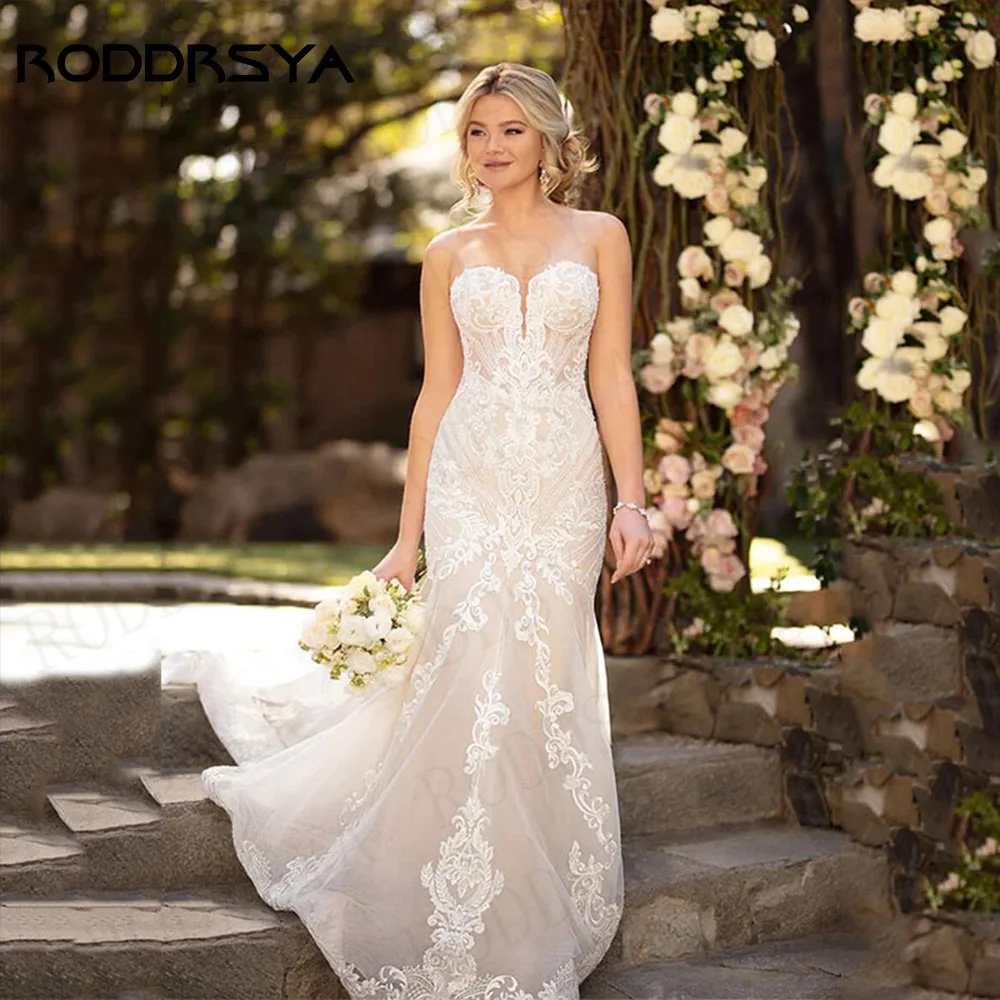 

RODDRSYA Sleeveless Tulle Mermaid Wedding Dress For Bride Beach Boho Sweetheart Neck Lace Applique Bride Gowns Strapless Custom
