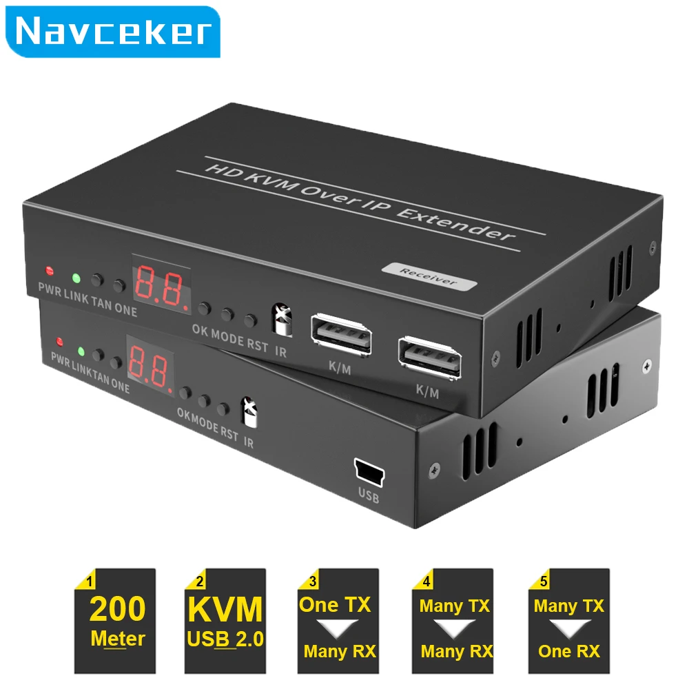 Navceker IP 네트워크 USB 2.0 KVM 익스텐더, RJ45 포트, 1080P HDMI 오버 LAN KVM 익스텐더, 200m HDMI KVM 익스텐더, Cat5 Cat5e Cat6