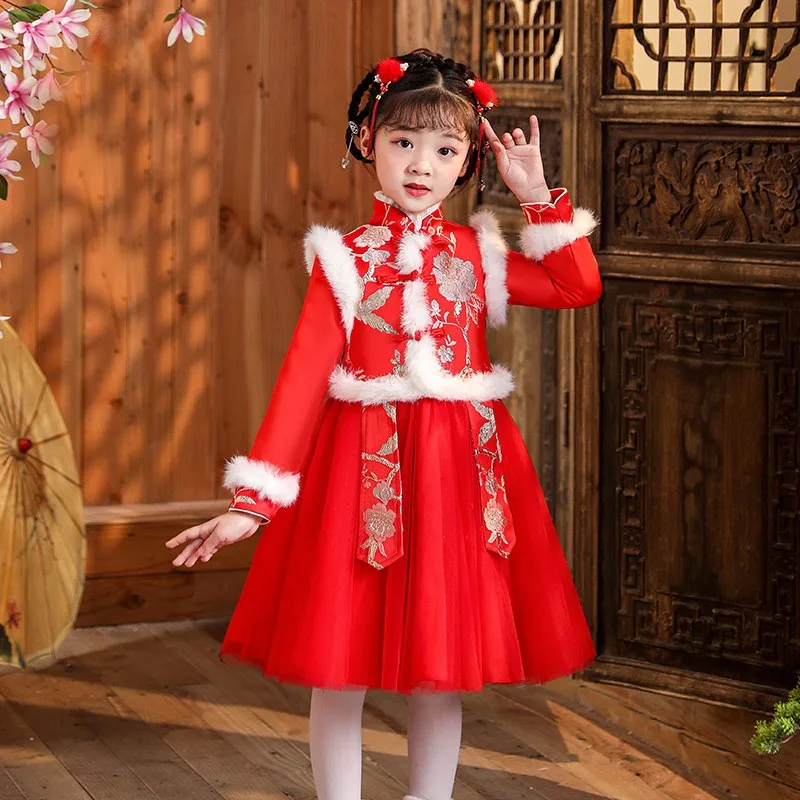 

2022 Winter New Chinese Cheongsam For Kids Girls Red Quilted Hanfu Christmas Outfit Princess Tang Suit Chinese New Year Clothes