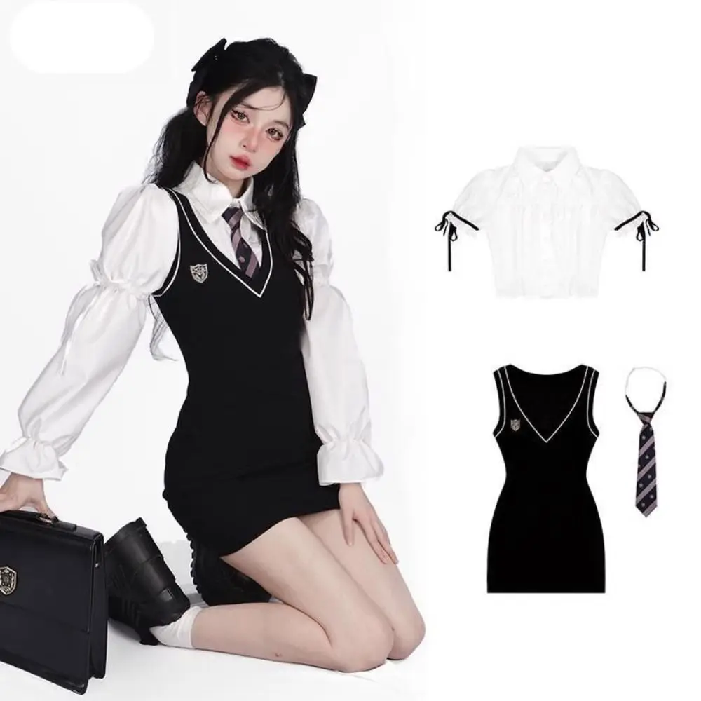 

Preppy Style Black Mini Dress Summer Knitted Suits Aesthetic Y2k Mini Dress with Tie Slim Jk Uniform Ladies